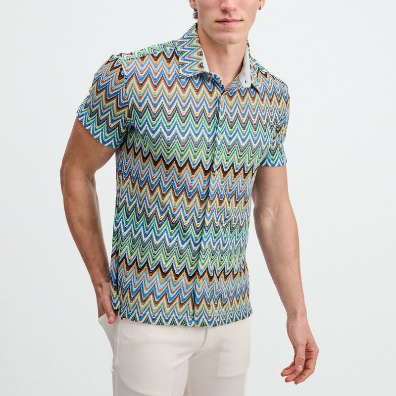COBALT/SKY OPEN KNIT STRETCH CHEVRON SHORT SLEEVE SHIRT ST-24079