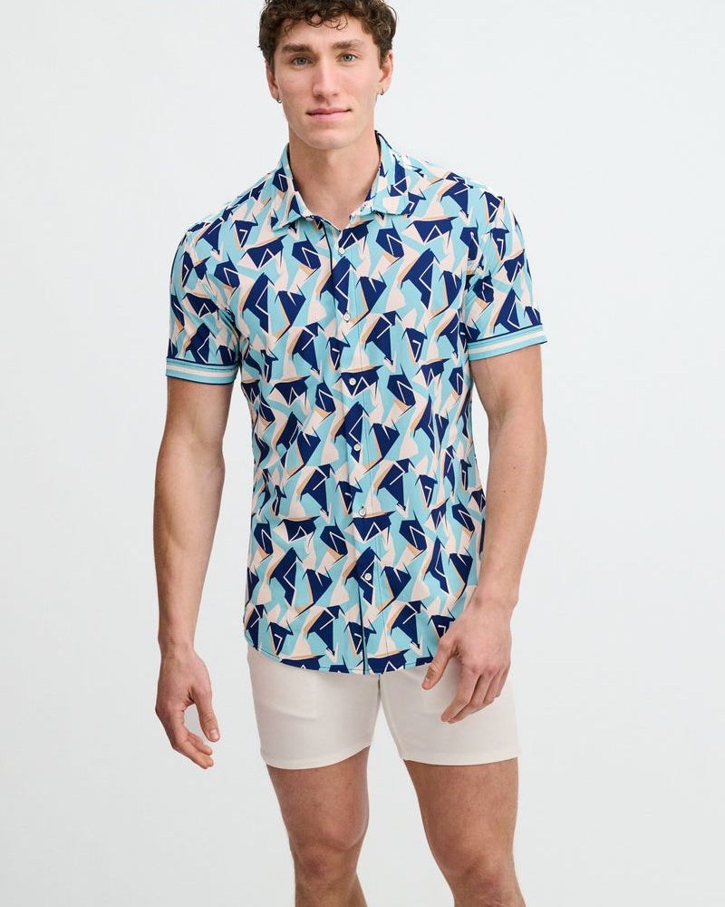 MIRAGE/COBALT ABSTRACT PRINTED PERFORMANCE STRETCH SHORT SLEEVE SHIRT W/PLACKET DETAIL ST-26025