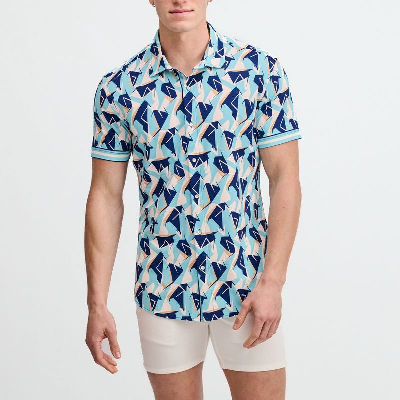 MIRAGE/COBALT ABSTRACT PRINTED PERFORMANCE STRETCH SHORT SLEEVE SHIRT W/PLACKET DETAIL ST-26025