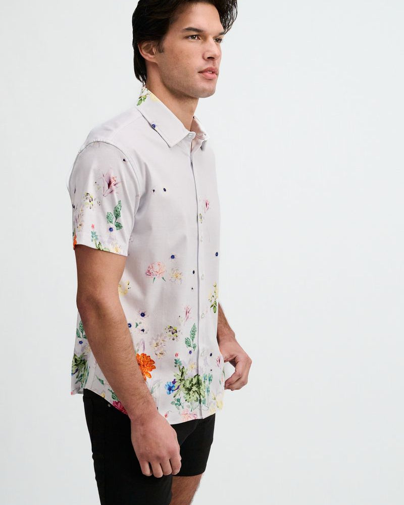 PERIWINKLE/SPRING FLORAL ENGINEERED BORDER PRINT COTTON KNIT JERSEY SHORT SLEEVE SHIRT ST-9355