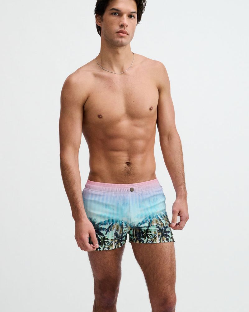 BLUSH/AQUA PALMS PRINTED SWIM SHORTS W/MESH BRIEF LINING ST-8024-12