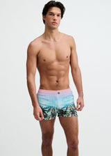 BLUSH/AQUA PALMS PRINTED SWIM SHORTS W/MESH BRIEF LINING ST-8024-12