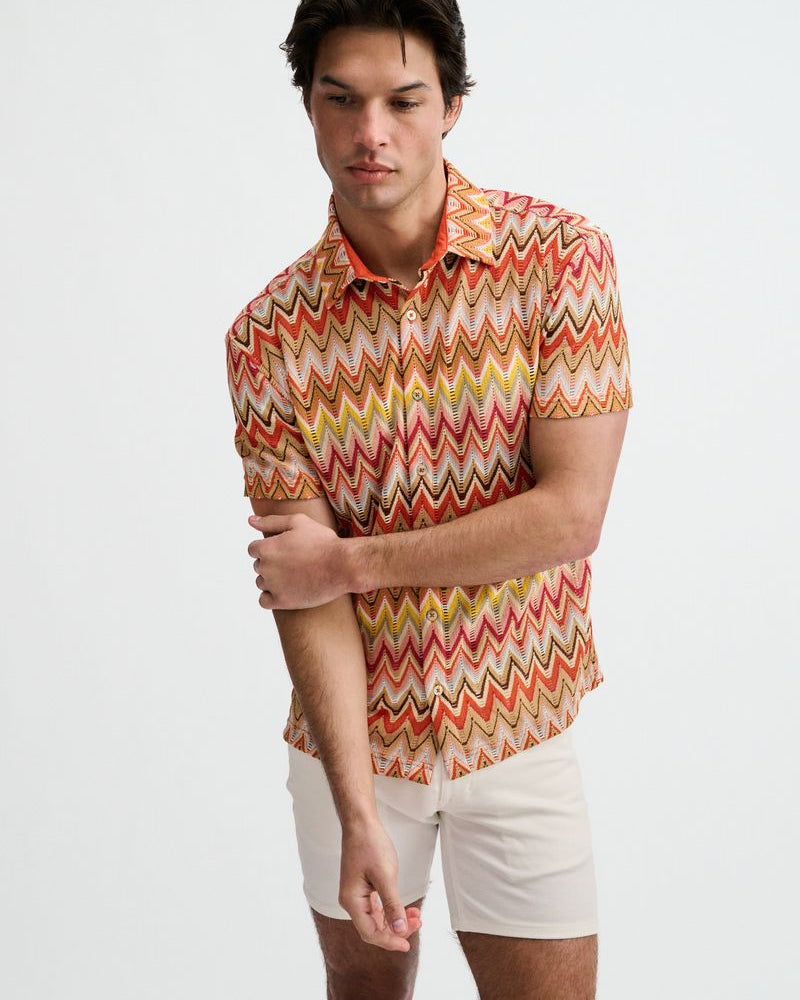 CAMEL/RUST OPEN KNIT STRETCH CHEVRON SHORT SLEEVE SHIRT ST-24079
