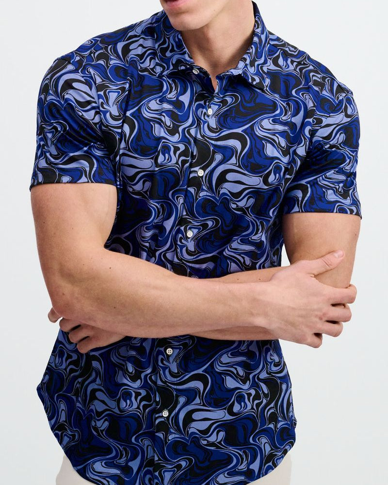 NAVY/THISTLE SWIRLS PRINTED COTTON KNIT JERSEY SHORT SLEEVE SHIRT ST-9368