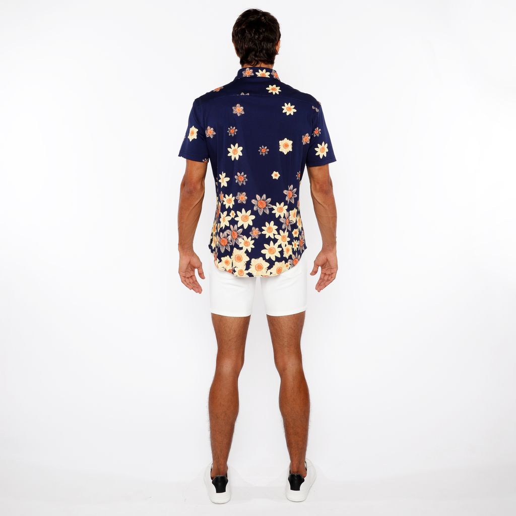 NAVY/YELLOW SUNFLOWERS BORDER PRINT COTTON JERSEY KNIT SHORT SLEEVE SHIRT ST-9341