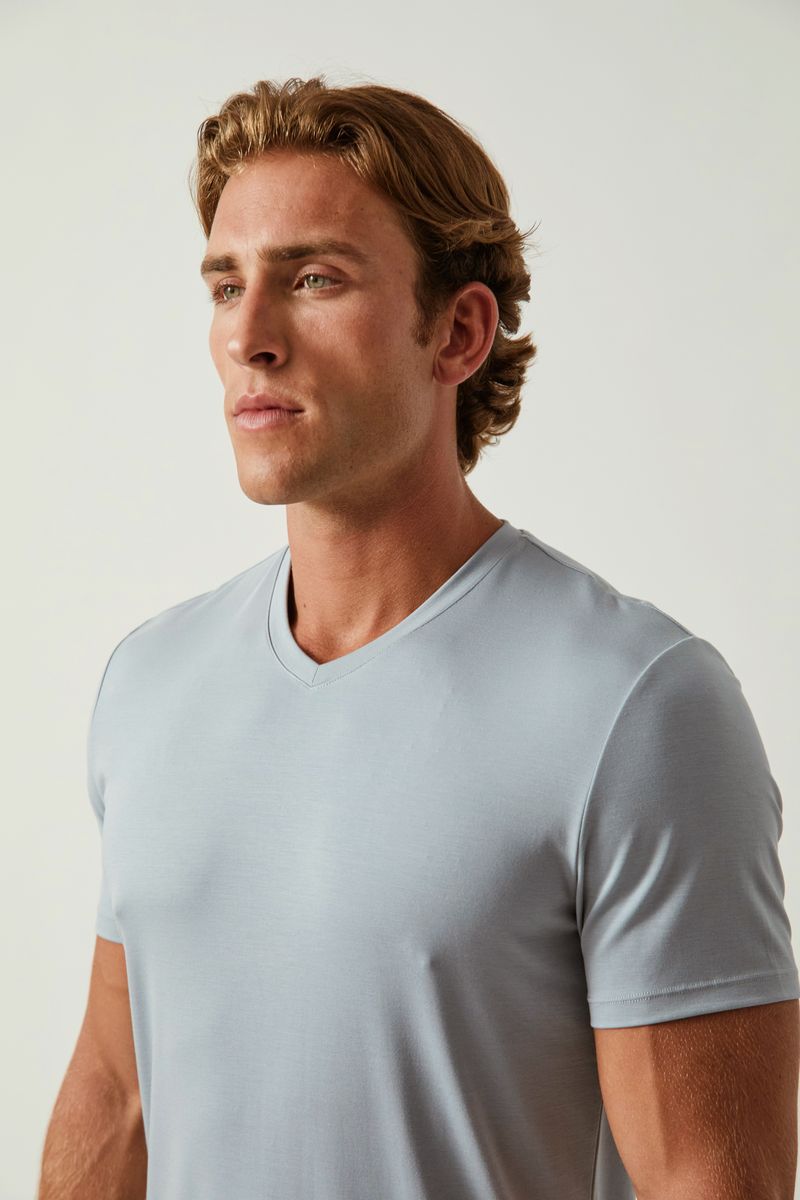 MINERAL BLUE SOLID STRETCH MODAL V- NECK TEE ST-9010