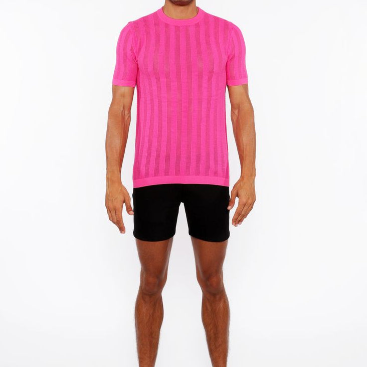HOT PINK TEXTURED KNITTED CREW TEE ST-24304