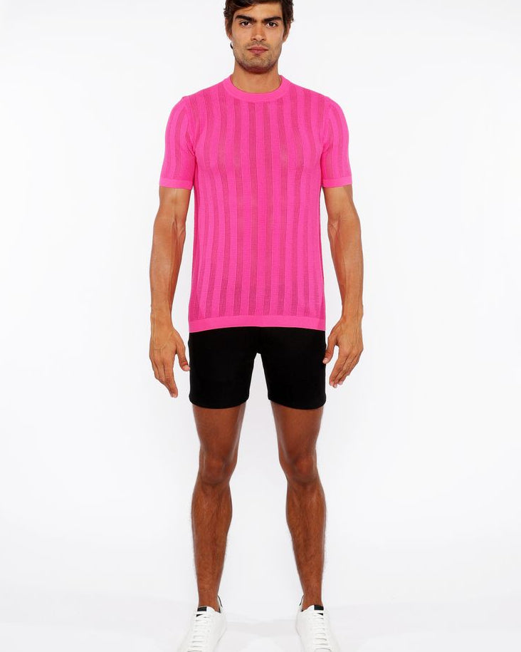 HOT PINK TEXTURED KNITTED CREW TEE ST-24304