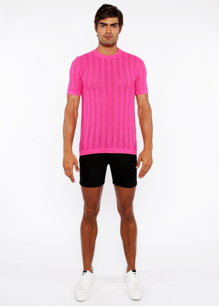 HOT PINK TEXTURED KNITTED CREW TEE ST-24304