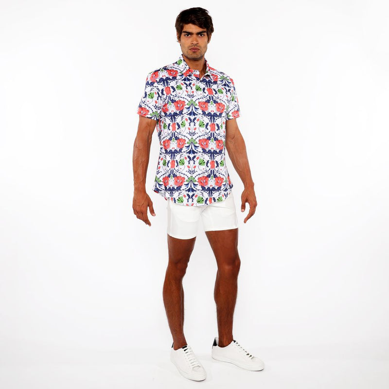 SLATE/SIENNA FLORAL PRINTED COTTON KNIT JERSEY SHORT SLEEVE SHIRT ST-9338