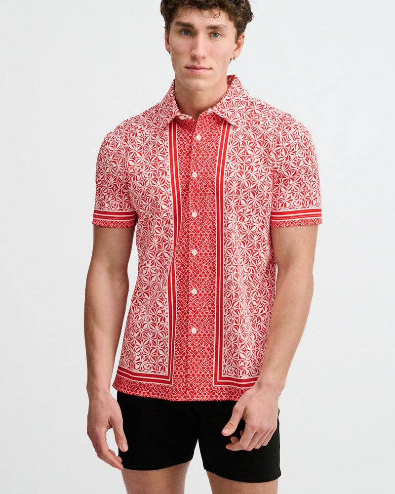 CAYENNE/WHITE DUO-PATTERN EDGE PRINT COTTON KNIT JERSEY SHORT SLEEVE SHIRT ST-9373