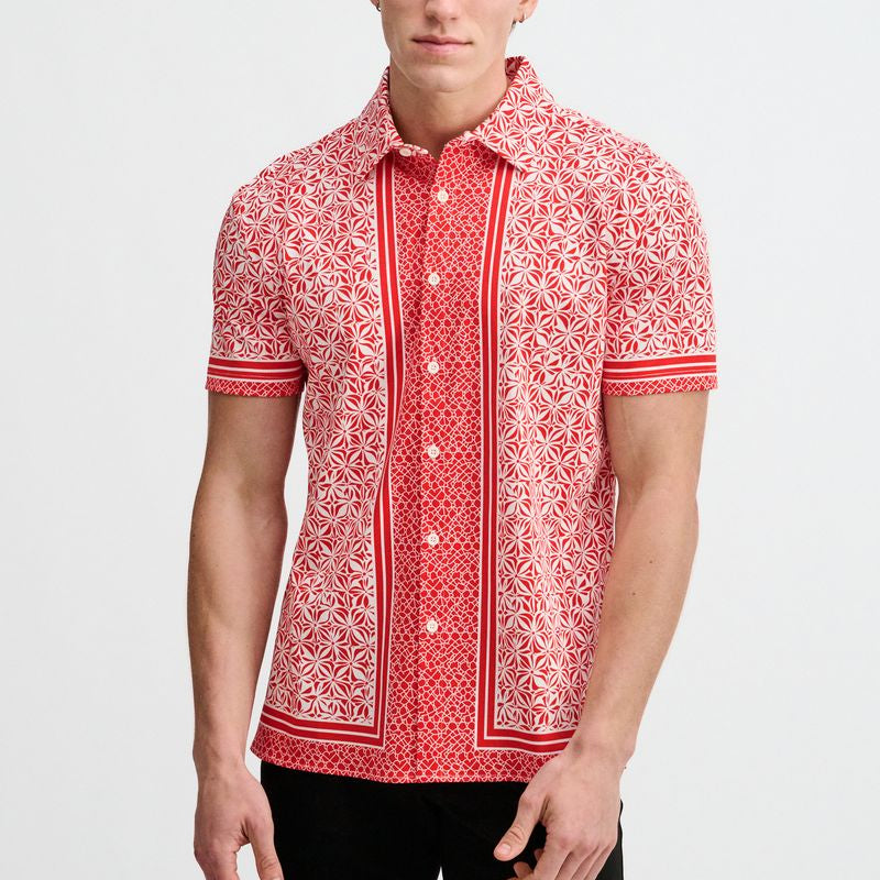 CAYENNE/WHITE DUO-PATTERN EDGE PRINT COTTON KNIT JERSEY SHORT SLEEVE SHIRT ST-9373