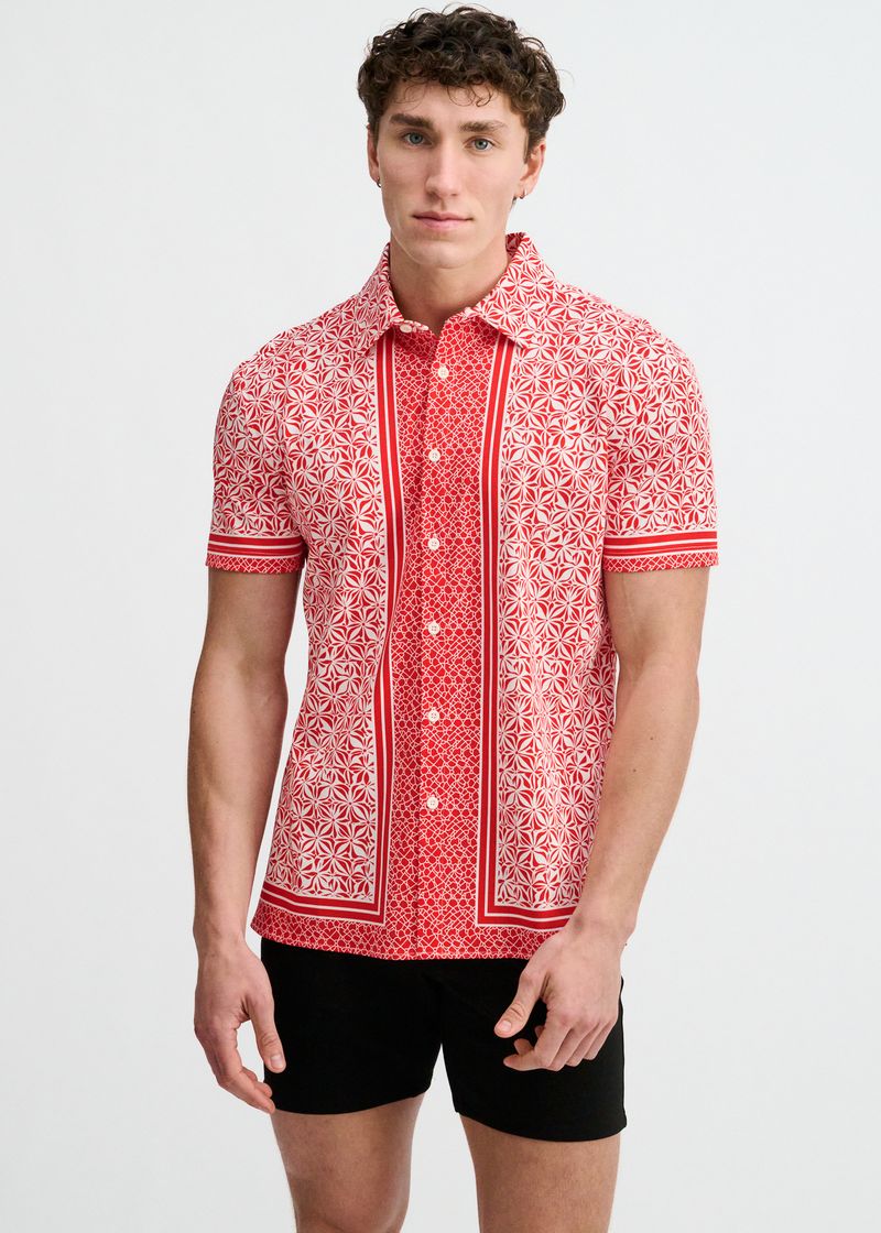 CAYENNE/WHITE DUO-PATTERN EDGE PRINT COTTON KNIT JERSEY SHORT SLEEVE SHIRT ST-9373