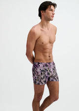 PURPLE/ALOE WAVES PRINTED SWIM SHORTS W/MESH BRIEF LINING ST-8024-14