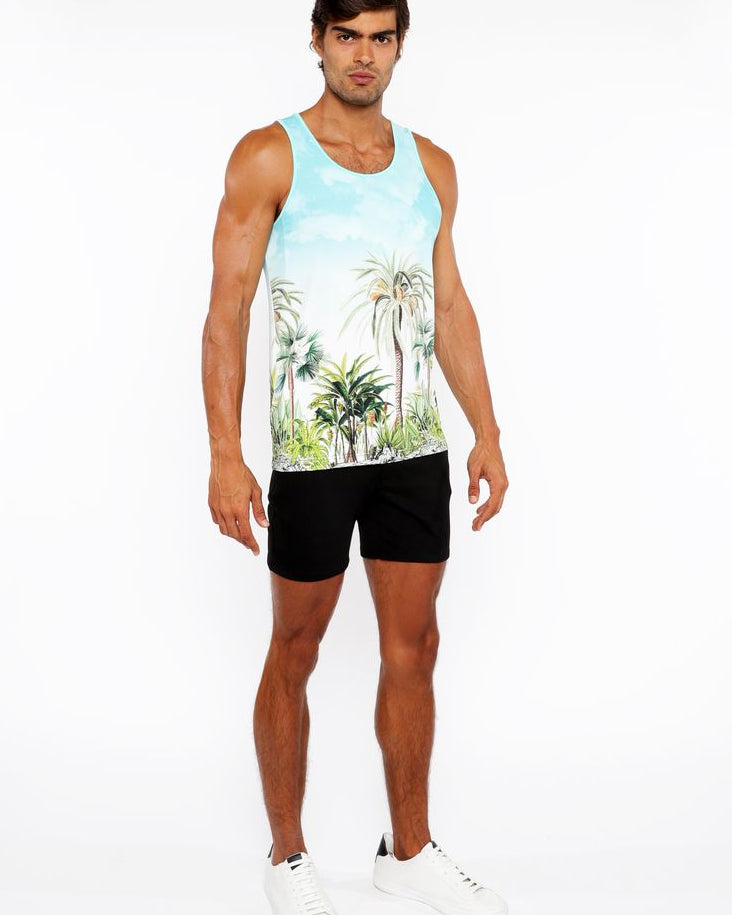 TEAL/GREEN PALM TREES PRINTED STRETCH MESH TANK TOP ST-11136