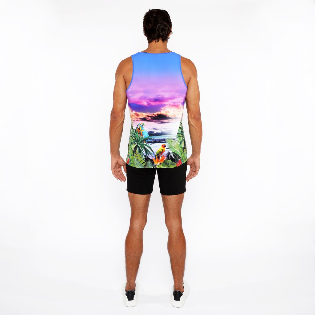 PURPLE/FUCHSIA TROPICS PRINTED STRETCH MESH TANK TOP ST-11134