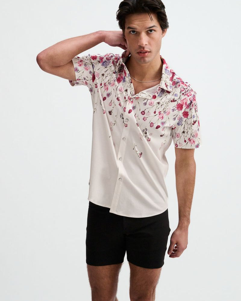 BLUSH/FUCHSIA FLORAL ENGINEERED BORDER PRINT COTTON KNIT JERSEY SHORT SLEEVE SHIRT ST-9348