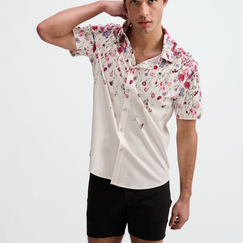 BLUSH/FUCHSIA FLORAL ENGINEERED BORDER PRINT COTTON KNIT JERSEY SHORT SLEEVE SHIRT ST-9348
