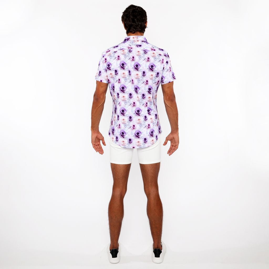 PURPLE/JADE ROSES 3D PRINT COTTON JERSEY KNIT SHORT SLEEVE SHIRT W/CONTRAST STRIPE PLACKET ST-9325