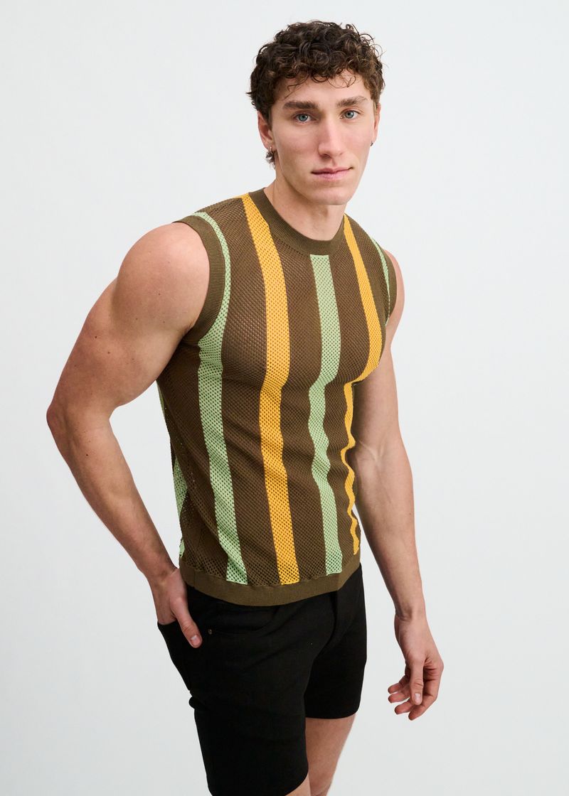 WEED TEXTURED STRIPE OPEN KNIT VEST ST-24311