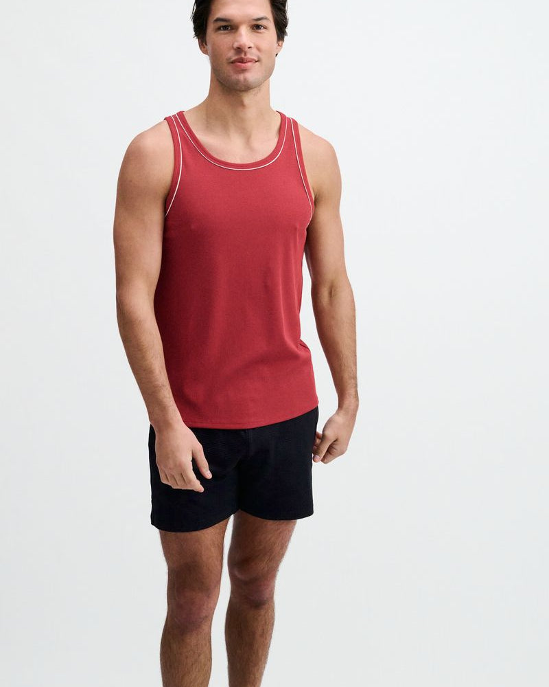 CARMINE/WHITE RIB STRETCH COTTON/TENCEL TANK W/FINE PIPING DETAIL STA-16011