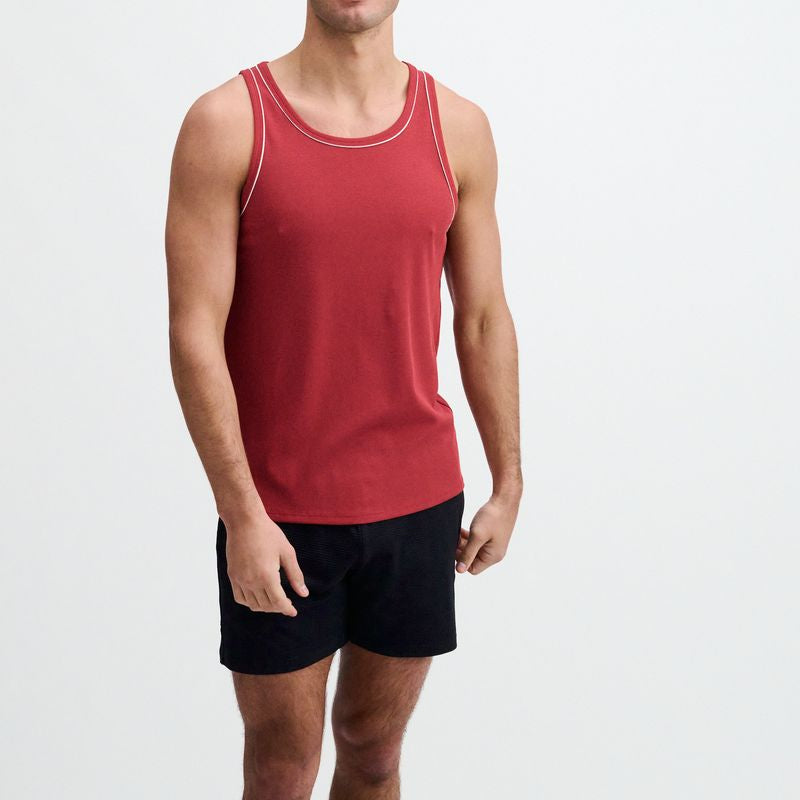 CARMINE/WHITE RIB STRETCH COTTON/TENCEL TANK W/FINE PIPING DETAIL STA-16011