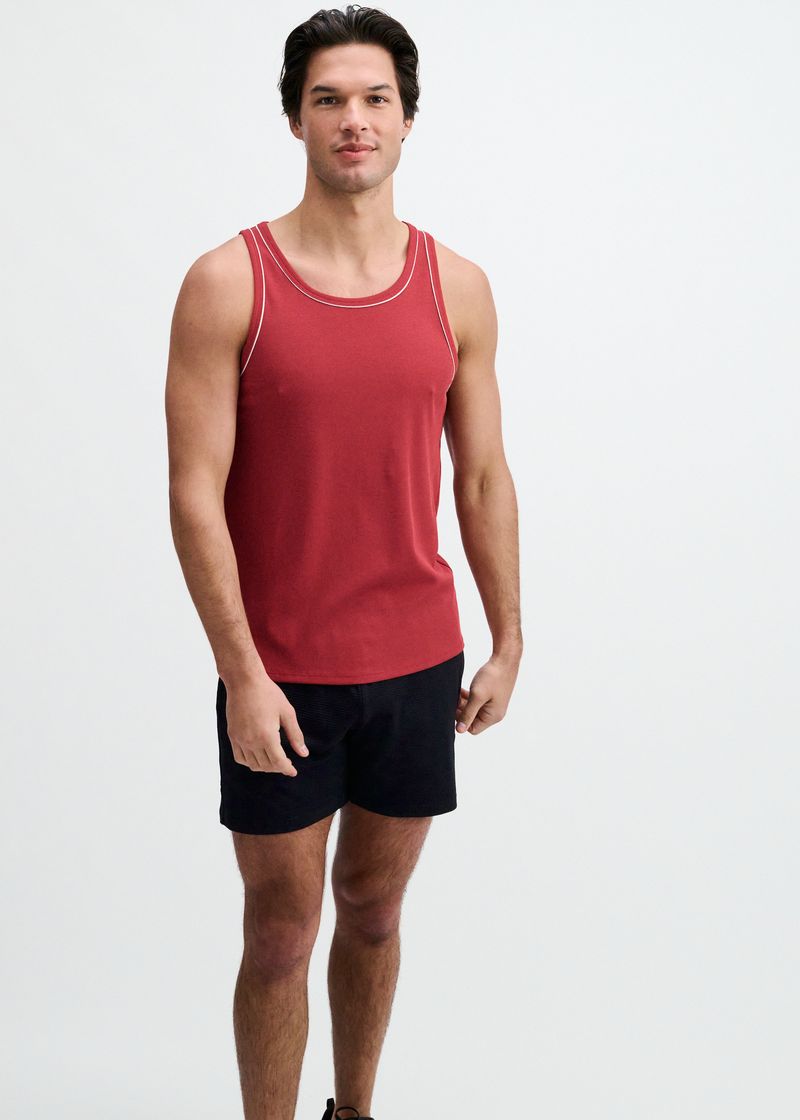 CARMINE/WHITE RIB STRETCH COTTON/TENCEL TANK W/FINE PIPING DETAIL STA-16011