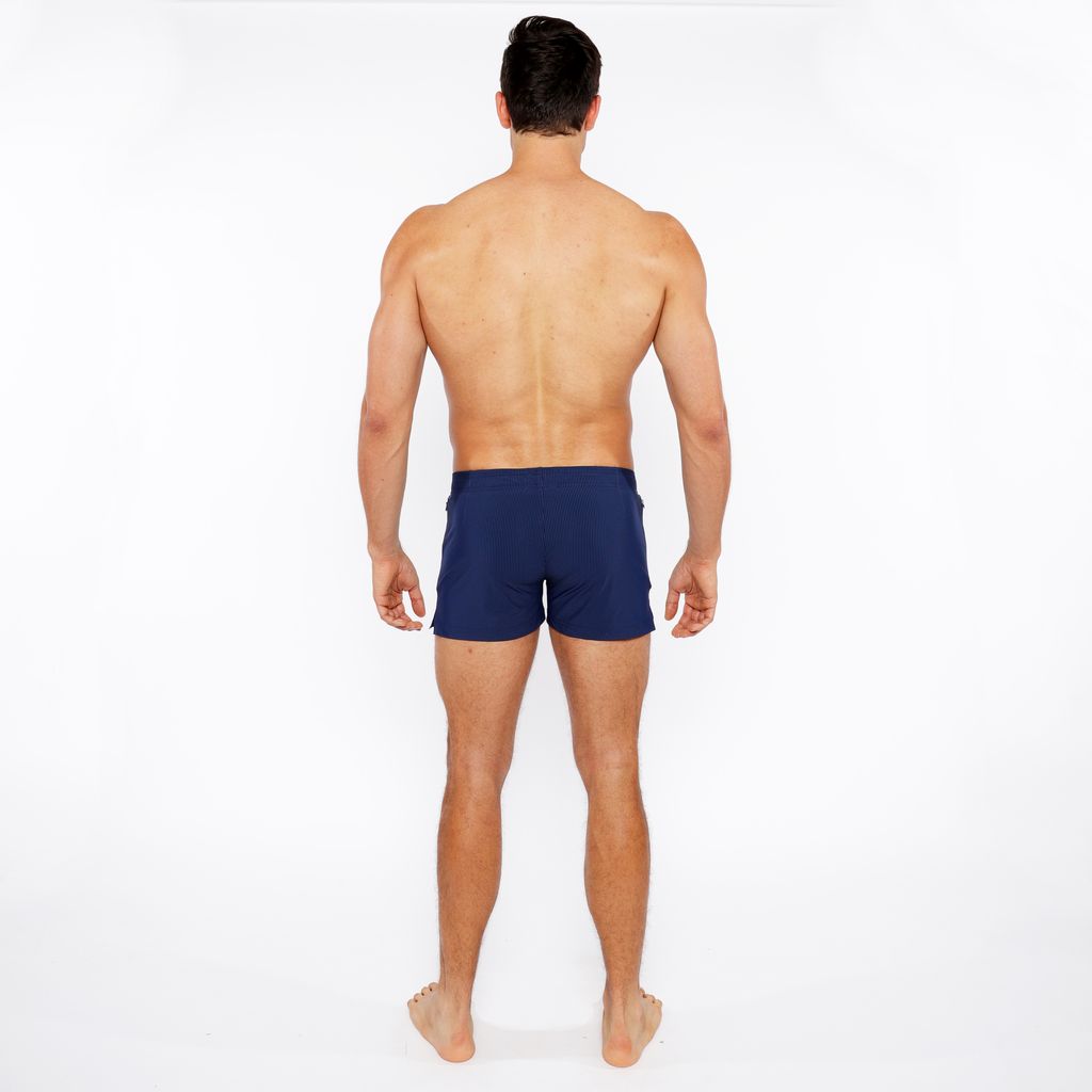 NAVY PINSTRIPE SWIM SHORT W/MESH BRIEF LINING ST-8024-07