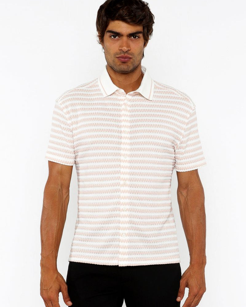 PARFAIT/WHITE STRETCH OPEN KNIT STRIPES SHORT SLEEVE SHIRT W/ RIB COLLAR ST-24069