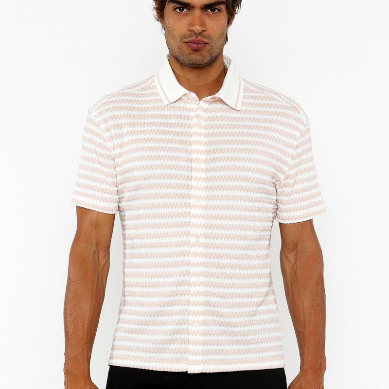 PARFAIT/WHITE STRETCH OPEN KNIT STRIPES SHORT SLEEVE SHIRT W/ RIB COLLAR ST-24069