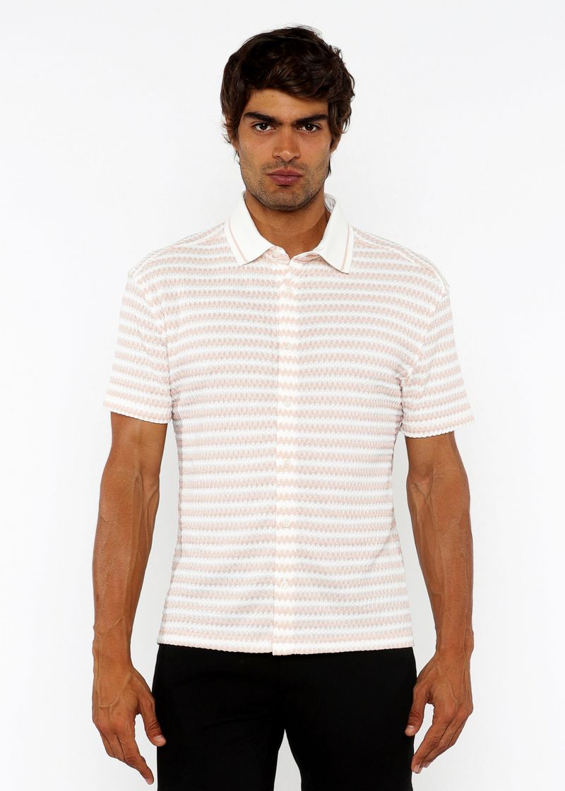 PARFAIT/WHITE STRETCH OPEN KNIT STRIPES SHORT SLEEVE SHIRT W/ RIB COLLAR ST-24069