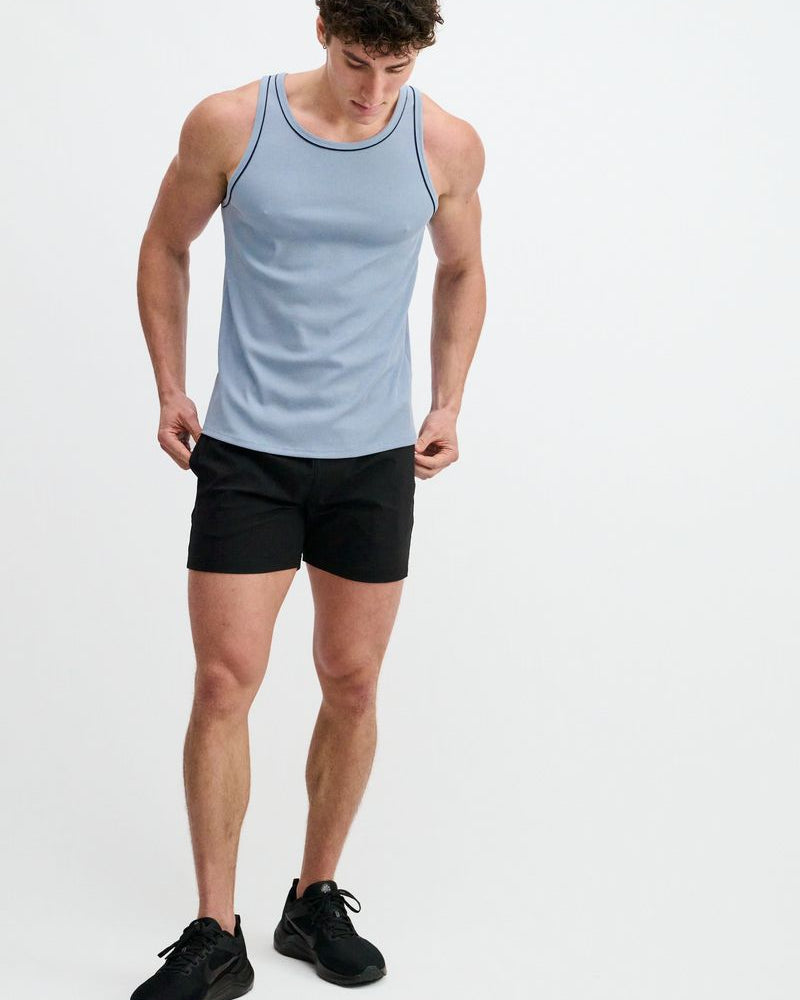 CERULEAN/NAVY RIB STRETCH COTTON/TENCEL TANK W/FINE PIPING DETAIL STA-16011