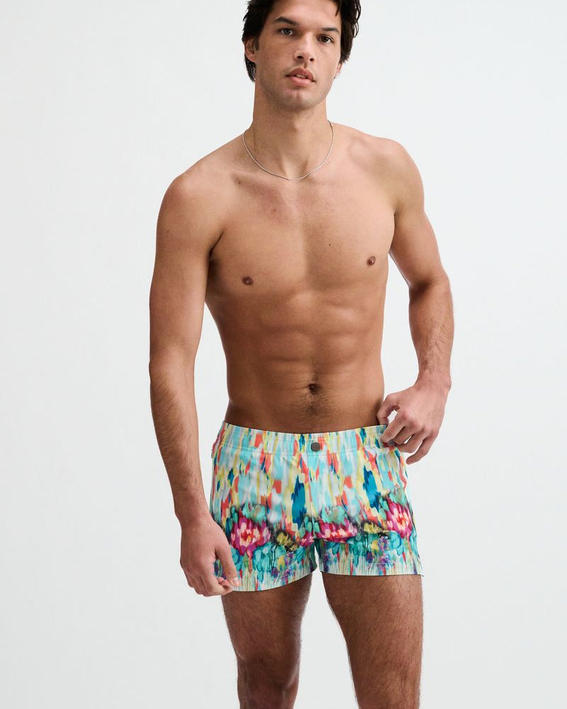 TEAL/MULTI DRIPS PRINTED SWIM SHORTS W/MESH BRIEF LINING ST-8024-13