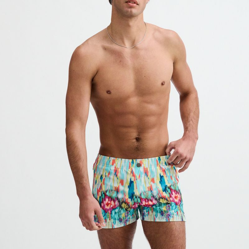 TEAL/MULTI DRIPS PRINTED SWIM SHORTS W/MESH BRIEF LINING ST-8024-13