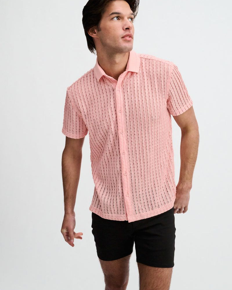 PINK OPEN KNIT SHORT SLEEVE SHIRT W/RIB COLLAR ST-24076