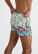 TEAL/MULTI DRIPS PRINTED SWIM SHORTS W/MESH BRIEF LINING ST-8024-13