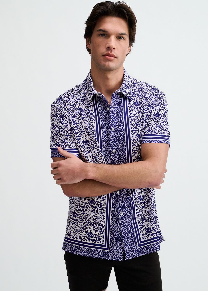 NAVY/WHITE DUO-PATTERN EDGE PRINT COTTON KNIT JERSEY SHORT SLEEVE SHIRT ST-9371