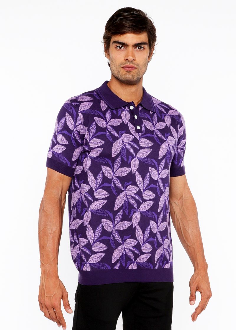 LILAC/PURPLE LEAVES JACQUARD KNIT 3-BUTTON POLO ST-24308