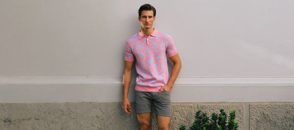 PINK/SKY LEAVES JACQUARD KNIT 3-BUTTON POLO ST-24305