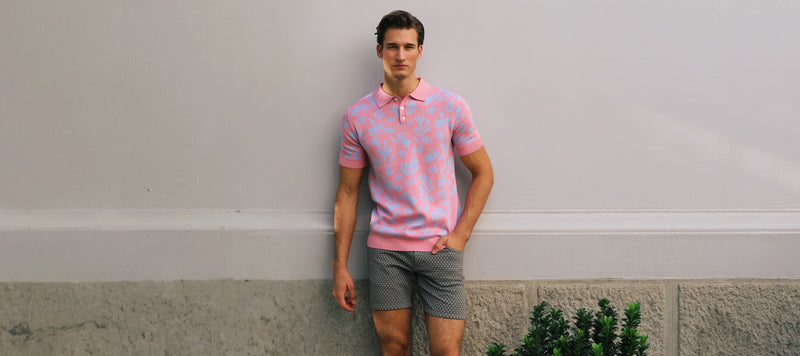 PINK/SKY LEAVES JACQUARD KNIT 3-BUTTON POLO ST-24305