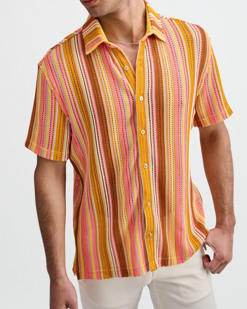 SORBET/CORAL VERTICAL STRIPE OPEN KNIT SHORT SLEEVE SHIRT ST-24073