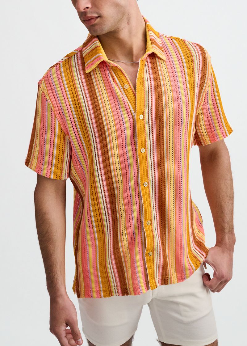 SORBET/CORAL VERTICAL STRIPE OPEN KNIT SHORT SLEEVE SHIRT ST-24073