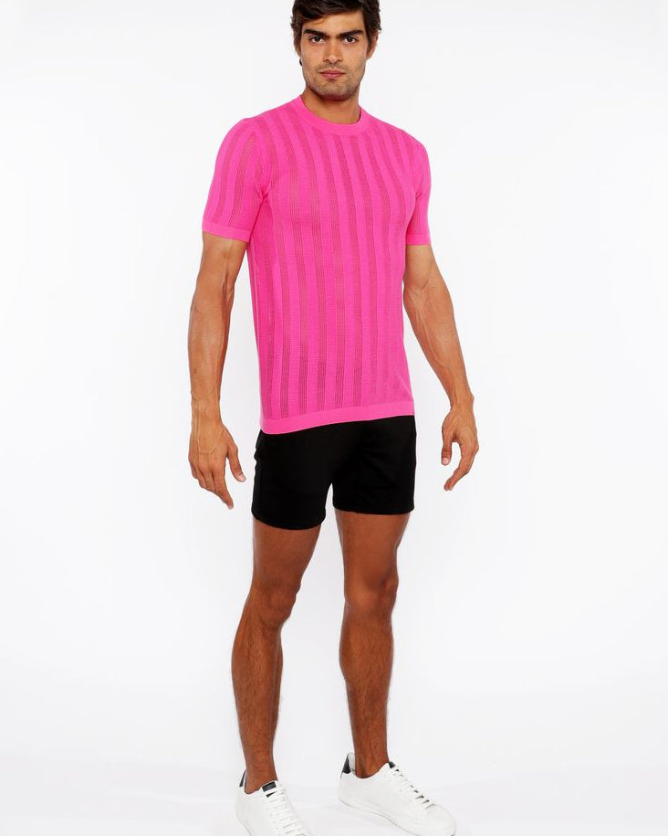 HOT PINK TEXTURED KNITTED CREW TEE ST-24304