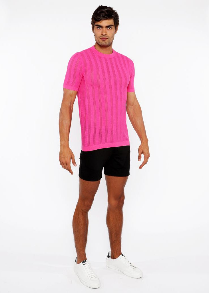 HOT PINK TEXTURED KNITTED CREW TEE ST-24304