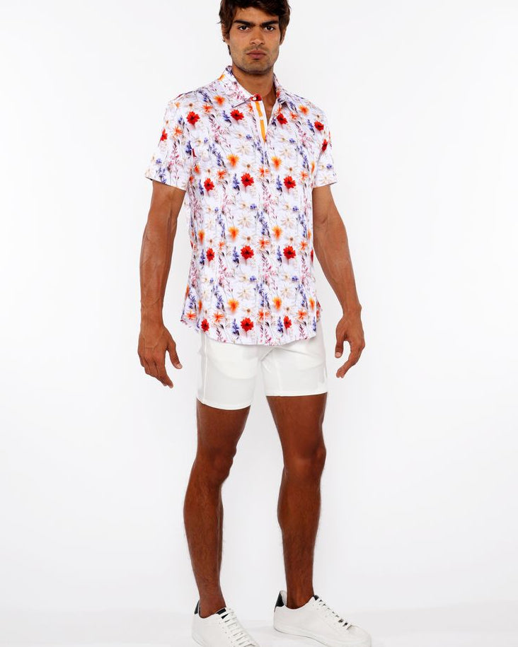 ECRU/GOLD BLOSSOMS 3D PRINT COTTON JERSEY KNIT SHORT SLEEVE SHIRT W/CONTRAST STRIPE PLACKET ST-9328