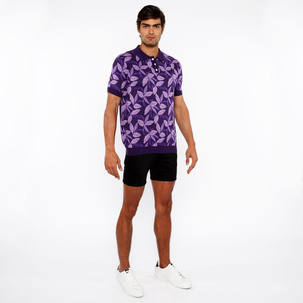 Lilac/Purple Leaves 3-Button Jacquard Polo