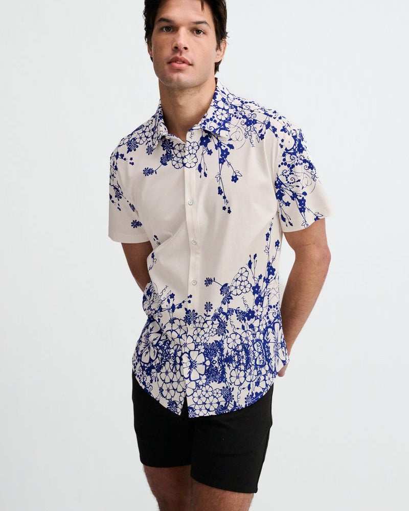 NAVY/WHITE FLORAL ENGINEERED BORDER PRINT COTTON KNIT JERSEY SHORT SLEEVE SHIRT ST-9351