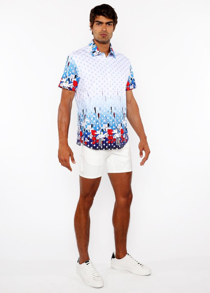 CLOUD/NAVY DOTS BORDER PRINT COTTON JERSEY KNIT SHORT SLEEVE SHIRT ST-9344