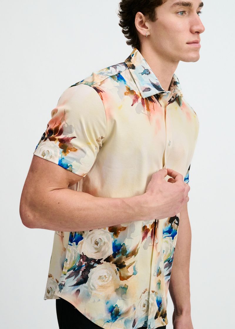 YOLK/BLUSH FLORAL ENGINEERED BORDER PRINT COTTON KNIT JERSEY SHORT SLEEVE SHIRT ST-9356