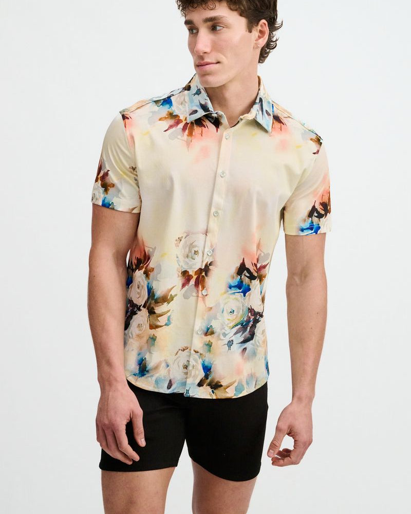 YOLK/BLUSH FLORAL ENGINEERED BORDER PRINT COTTON KNIT JERSEY SHORT SLEEVE SHIRT ST-9356